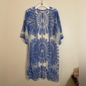 Rebellion Again Blue Sheer Embroidered Lace 3/4 Sleeve Kimono Dress